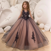 Miss how Prinzessin Satin Perlen boden lange rote Blume Mädchen Kleider schwarze Applikationen Mädchen Festzug Kleid Erstkommunion Kleider