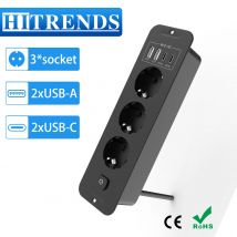 EU Eingebaute Steckdosenleiste Desktop-Einbausteckdose mit 2 USB 2 Typ C Schnellladung, Mehrkontakt-Steckdose mit 2 m Verlängerungskabel