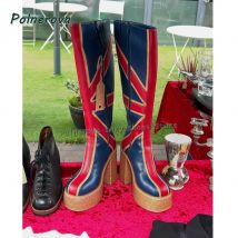Union Jack Platform Fashion Boots Round Toe Thick Sole Mixed Colors Pull On Spicy Girl Knee High Boots Street Style 2025 Trend