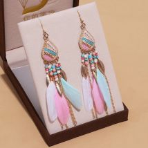 Bohemian Ethnische Lange Feder Ohrringe Boho Wasser Tropfen Gold Farbe Kette Quaste Ohrringe für Frauen Braut Hochzeit Schmuck