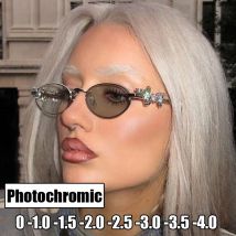 Neue trendige Damen photochrome Myopie-Brille, luxuriöser Diamant-Ovalrahmen, Nahsichtbrille, fertige Minus-Sonnenbrille, Dioptrien