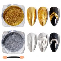 RS Chrom-Nagelpulver, holografischer magischer Spiegel, metallisch, golden, silbrig, reibend, Nagelkunst, Glitzerstaub für Nageldesign-Dekoration