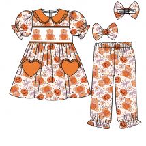 Halloween new pumpkin bow print boys and girls short-sleeved trousers orange lapel boutique pajamas set