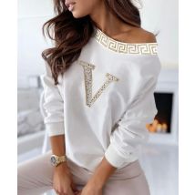 Casual Women Top Rhinestone Letter V Pattern Batwing Sleeves Loose Women Blouse Tops