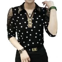 Commute Polka Dot Stylish Sequined Blouse Spring Autumn Turn-down Collar Chic Diamonds Women's Clothing Sexy Gauze Lace Shirt