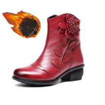 Neue Designer Cowgirl Stiefel Damen 70er Jahre Echtleder Schuhe Schöne Frühlingsabsätze Stiefel Kunstpelz Booties Damen Stiefel mit Blumenabsatz