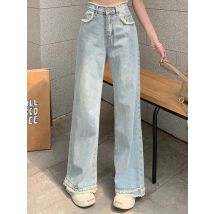 Frauen Hohe Taille Raw Edge Gewaschene Jeans Mädchen Helle Farbe Gerade Bein Denim Hosen Dame Blau Hong Kong Stil Retro Lose Hosen