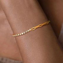 Half Tennis Half Paperclip Chain Bracelet For Women, Stainless Steel CZ  Link Adjustable