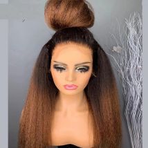 Preplucked Kinky Straight Ombre Brown Yaki Synthetic Hair Lace Frontal Wig For Women Glueless Fiber Hair Transparent Lace Wigs