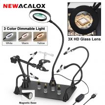 NEWACALOX Mani ausiliarie per saldatura con lampada d'ingrandimento a LED 3X, supporto PCB a 4 bracci metallici flessibili magnetici, staffa per pistola ad aria calda a 360°
