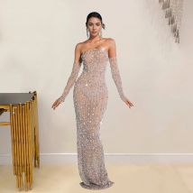 Neues Sommer-Aprikosen-trägerloses Kleid für Damen, Strass, Party, Abschlussball, Maxikleider mit Handschuhen