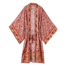 Autumn BOHO Location Floral Print Long Kimono Shirt Pink Hippie Women Tie Bow Sashes Long Cardigan Loose Blouse Tops Holiday