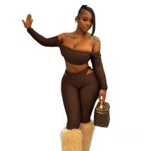 FAGADOER Sexy Hollow-out 2 Pieces Set for Woman Outfits Solid Color Off Showlder Crop Top+Skiny Pants Matching Female Streetwear