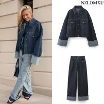 2023 herbst Frauen Mode Lose Kurze Denim Jacke + Drapierte Breite bein Jean 2-teiliges Set Anzug