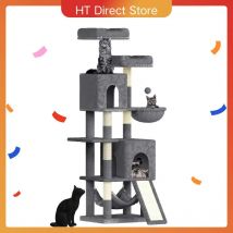 Tiragraffi per gatti in quercia e tè Torre da arrampicata da 158 cm con 7 tiragraffi, 2 case e 2 amache per gatti domestici