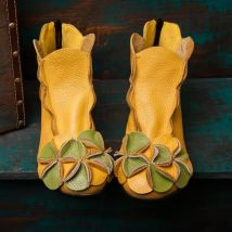Yellow Guenine Leather Flower Boots 2025 Ankle Soft Genuine Leather Mom Shoes 2025 Classic Ankle Retro Chunky Boots