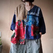100 % Leinen Frauen Sommer Casual T-shirts Neue Ankunft 2025 Vintage Stil V-ausschnitt Patchwork Floral Print Lose Weibliche Tops Tees M857