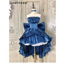 Blaues Pettiskirt-Kleid im Lolita-Prinzessin-Stil, ärmellos, hohe Taille, schmale Passform, hinten, große Schleife, langes, trägerloses kurzes Kleid für Damen