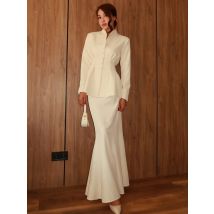 Nibber Office 2-Piece Set Women v-Neck Single-Breasted Full Sleeve Folds Hem Coats+Fishtail Skirts Elegant Simple Chic Suits