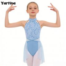 Kids Girls Lace Floral Ballroom Dance Leotards Dress Gymnastics Artistic Figure Skating Ballet Lyrical Leotards Dance Costume