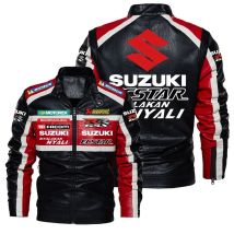 Suzuki motorcycle riding apparel, color-blocked stand-collar leather jacket, Suzuki racing print retro washed PU leather coat.