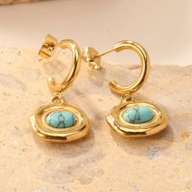 Neue Mode 1 Paar C-förmige ovale Form mit ovalen blauen türkis farbenen Ohrringen 16.5*30mm goldener Edelstahl Alphabet Ohrring