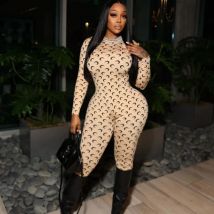 Moon Print Jumpsuit Women Tight Fitting Leggings Long Sleeve Round Neck Sexy Slim Fit American Retro Style Autumn New