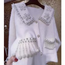 Luxus Perlen Blumen Stich Pullover Strickjacke Für Frauen 2025, Herbst Winter Perlen Quaste Pullover Outwear Strickwaren Jacke Mantel