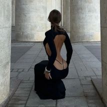 DSMTRC Neue Mitternacht Halb Hohen Kragen Langes Kleid Frau Elegante Frühjahr Neue Urlaub Kleider Sexy Dünne Lange Hülse Backless Vestido