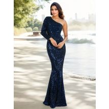 Eine Schulter langärmlige dehnbare Pailletten Meerjungfrau Kleid bodenlangen langen Abendkleid Abschluss ball Party