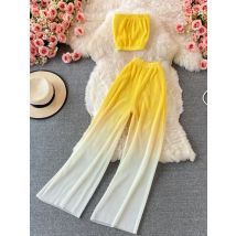 Summer Women's Suit Korean Street Style Gradient Tube Top Short Top + High Waist Wide Leg Pants Female Sets FC441