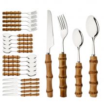 Silber 24 Stück kreative Zuhause Bambus Griff Geschirr Besteck Set Edelstahl Geschirr Steak Messer Gabel Löffel Set für zu Hause