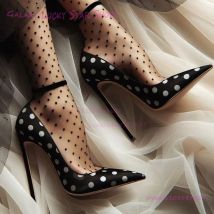 2026 Girls Black Real White Spotted Satin Pump Pointed Stiletto Elegant Sandals Summer 12Cm Women Office Lady Patchwork Shoes