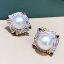Huitan Wunderschöne Damen-Ohrstecker mit Imitationsperlen und brillantem blauem/weißem CZ, neuartiger zweifarbiger, luxuriöser, trendiger Hochzeitsschmuck