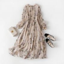 Birdsky, 1PC Damenkleid Rüschen O-Ausschnitt 100 % echter Maulbeerseidendruck, S-883