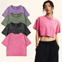 Camiseta lavada ajustada de Color sólido, camisetas de algodón suave a la moda para mujer, pantalón corto deportivo informal de manga, ropa Retro fresca para mujer