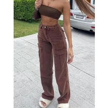Frauen Breite Bein Baggy Braun Jeans Dame Vintage Y2K Punk Hohe Taille Lose Denim Cargo Hosen Streetwear Taschen Übergroße Hosen