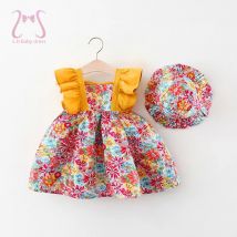 2 teile/satz Sommer ärmellose Kinder Kostüm Blume Baumwolle Baby kleidung Kleider für Mädchen Mode Kinder Outfits 0 bis 3 Jahre Hut