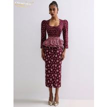 Clacive Fashion Loose Print Dresses Sets For Women 2 Pieces Bodycon U-Neck Long Sleeve High Waist Girdle Midi Slit Dress Set