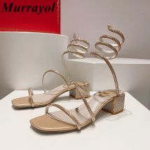 New Rhinestone Decor Square Heels Sandalias Women's Ankle Snake Shaped Elastic Strap Entanglement Sandals Summer Dress Shoes