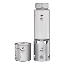Keith Titanium Ti3070 Nesting Camp Set – Ultraleichte Titanflasche, Becher und Holzofen mit Canvas-Tragetasche für Camping, Wandern