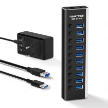RSHTECH USB-Hub 3.1 mit individuellen Ein-/Ausschaltern, 10-Port, 10 Gbit/s, Datenübertragungssplitter, 12 V/3 A, USB-Verlängerungs-Hubs für Laptop