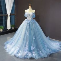 Blaue Quince anera Kleider neue klassische schulter freie Prinzessin Ballkleid Spitze Applikationen Ballkleid mit kleinen Zug benutzer definierte Größe