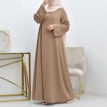 Femme lose Truthahn Kaftan Vintage Frühling muslimischen Kleid malaiisch einfache feste Frauen Abaya O-Ausschnitt mit Gürtel große Größe lange Ärmel Robe