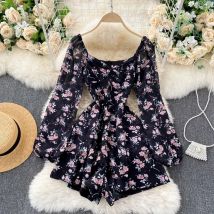 Koreanische Neue Frühling Sommer Chiffon Overall V-ausschnitt Puff Ärmeln Falten Schlank Abnehmen Floral Breite bein Shorts Overall UK770