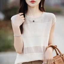Sommer 100% Reine Baumwolle Damen T-Shirt Lässiger Durchbrochener Strickpullover Ärmellos Locker Sitzender V-Ausschnitt Oberteil Pull-Over Weste