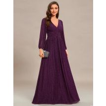 Elegantes Abendkleid, Maxi-Stil, langer V-Ausschnitt mit langen Ärmeln, hoher Taille, 2025, immer hübsches, glitzerndes, glänzendes lila Brautjungfernkleid