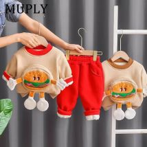 Unisex-Winter-Fleece-gefüttertes, verdicktes Sweatshirt und Hose mit Burger-Muster, Kinderbekleidungsset für Babys und Kleinkinder