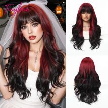 Long Red Black Ombre Wave Synthetic Wigs with Bangs for Women Daily Cosplay Halloween Costume Hair Christmas Wig Heat Resistant