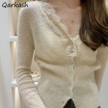 Strickjacken für Frauen, süße Spitze, Vintage, schlanker ästhetischer Pullover, klassisches Temperament, Allgleiches, koreanische Mode, zarte, feminine Strickwaren